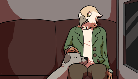 Image: A woman in a green jacket, white shirt, and brown pants sits inside one of the cabins. She has the head of an eagle with white and tan feathers, and medium-dark skin. Her eyes are olive green. She looks down fondly at a grey Irish wolfhound, whose read is resting on her knee. End description.