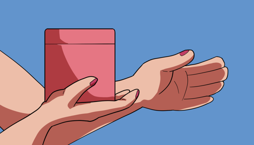 Image: The arms of a dark-skinned person are visible. They’re reaching out, and in one of the hands is a pink box. The background is blue. End description.