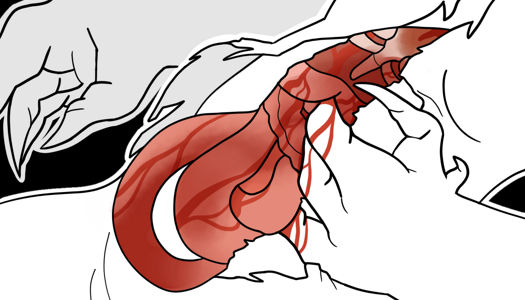 Image: A tilted close-up of Phoebe’s midsection. Her dress and body have both been torn open, revealing the bottom of her ribcage and her guts. The monster’s hands can be seen, and one is slipping its fingers into her guts from behind. Again, everything is black and white except for the gore. End description.