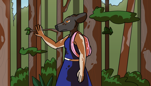 Image: Phoebe, frowning, is walking through the woods. She is pushing a tree branch out of her way. In the background are more trees and bushes. End description.