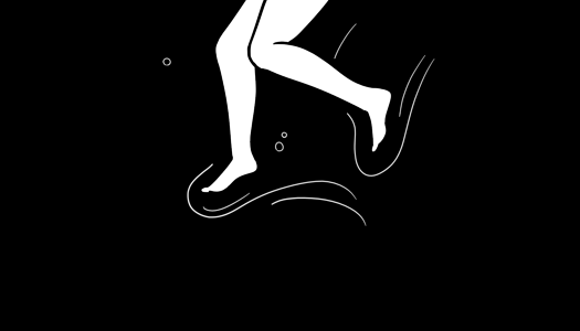 Image: A figure is visible from the legs-down. They are swimming or treading water, with water flowing around their kicking feet. They are white and the background is black. End description.