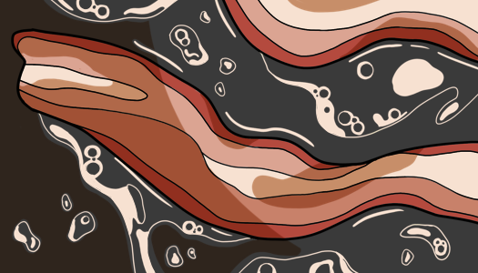 Image: A close-up of bacon cooking in a frying pan. End description.