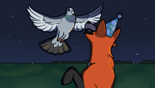 Image: Apricot and Yuli are playing in the field. Apricot is flying up to Yuli, who is standing on their haunches to reach her. Yuli is back to looking like a normal fox, and is also now wearing a blue party hat. End description.