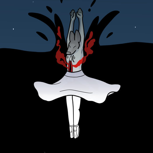 Image: The second half of a split image. Phoebe is diving into the lake. She’s streamlined, with her feet pointing down and her arms stretched above her head. The coloring style of the image is different above and below the water. The water is black, and as Phoebe enters it, she turns white. The only color is her red blood, which mixes with the water. End Description.