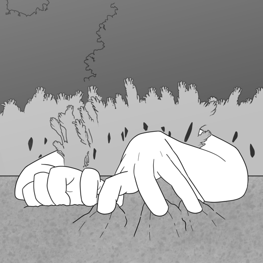 Image: A head-on view of two pale arms emerging from the grass and bushes on the side of the road. The hands are digging into the gravel as if something is pulling itself forward. Whatever the arms belong to is obscured in the foliage. End description.